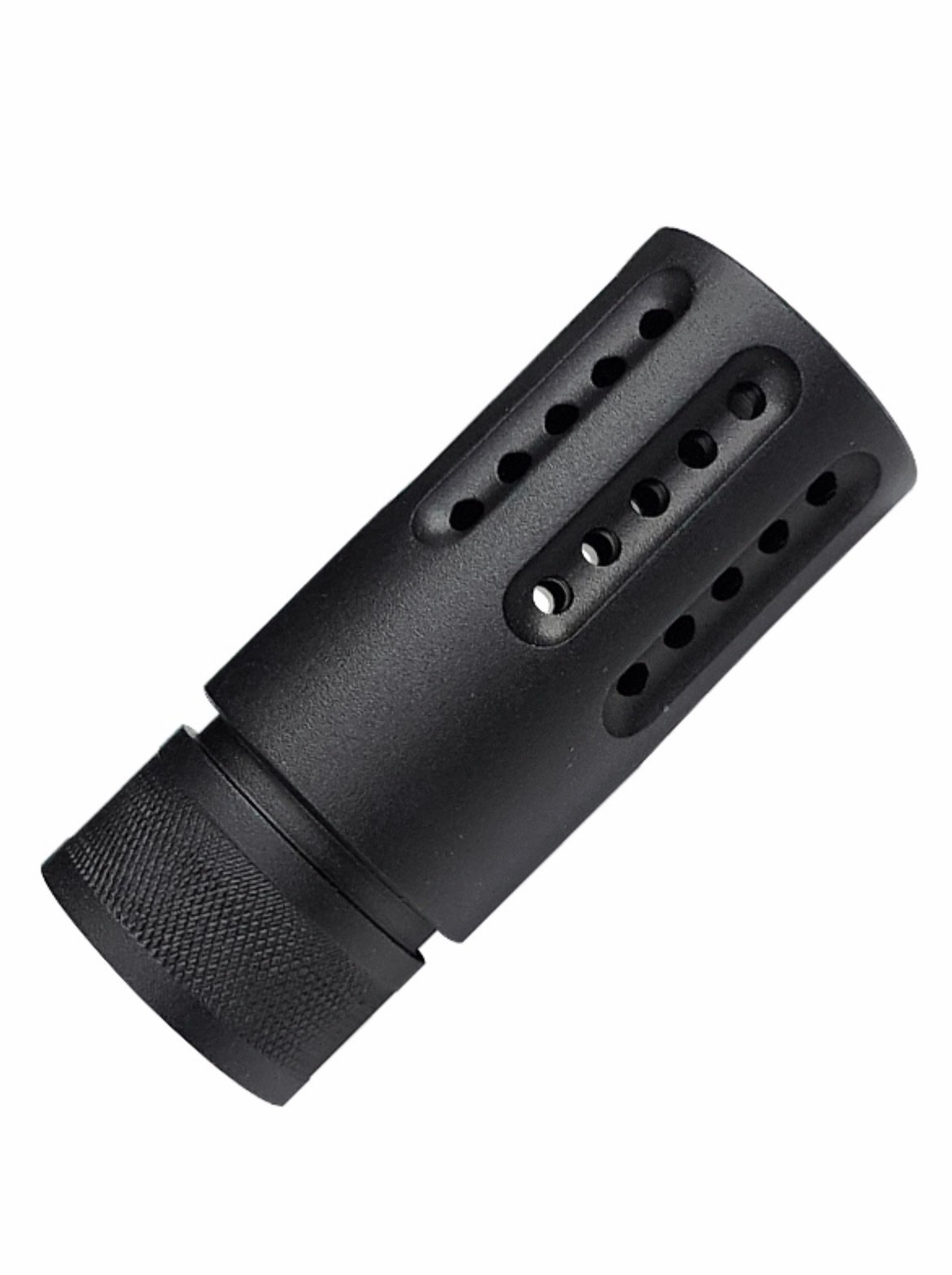 Barrel Shroud & Compensator 3″, a black metal cylindrical accessory featuring multiple round holes and a textured base, displayed at an angle on a white background.