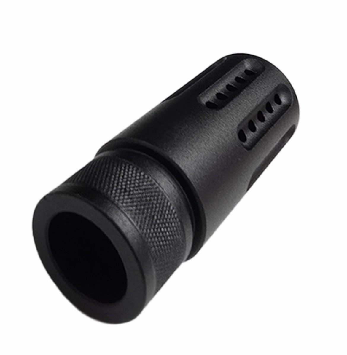 Barrel Shroud & Compensator 3″: A black metal cylindrical barrel shroud and compensator with a knurled section and multiple vent holes, isolated on a white background.