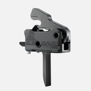 The Rise Armament RAVE 140 3.5lb Single Stage Trigger with anti-walk pins, featuring a black straight blade and scorpion logo, is displayed against a plain white background.