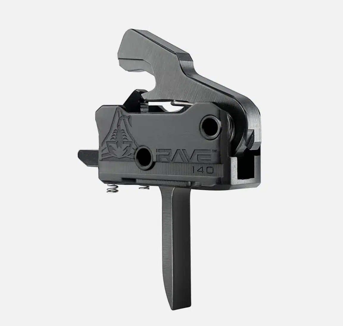 The Rise Armament RAVE 140 3.5lb Single Stage Trigger with anti-walk pins, featuring a black straight blade and scorpion logo, is displayed against a plain white background.
