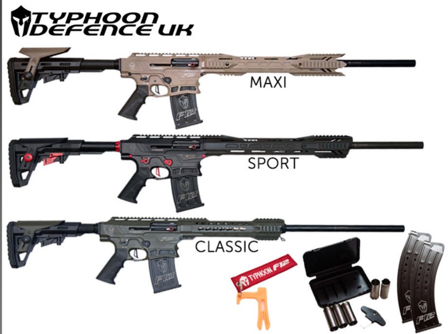Three Typhoon F12 12G Semi-Automatic Section 1 (FAC) shotguns—Maxi, Sport, and Classic variants