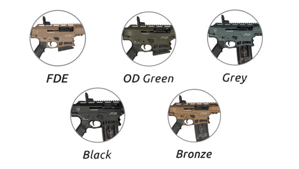 Five Typhoon F12 12G Semi-Automatic Section 1 (FAC) Shotguns are displayed in circular frames, each in a different colour: FDE, OD Green, Grey, Black, and Bronze