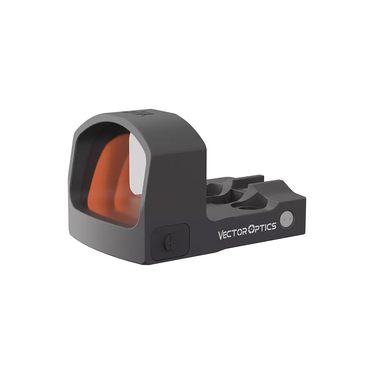 A Vector Optics Frenzy-S FM 1x17x24 Multi-Reticle (MOS) Pistol Red Dot Sight in black, featuring an orange-tinted lens and designed for mounting on firearms, displayed against a white background.