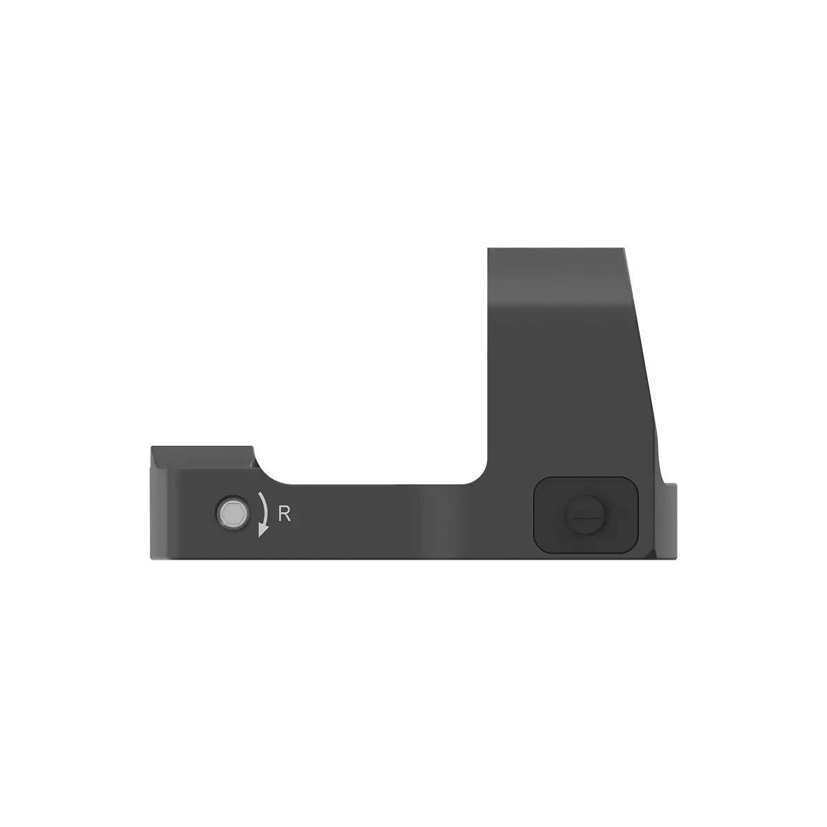 Vector Optics Frenzy-S FM 1x17x24 Multi-Reticle (MOS) Pistol Red Dot Sight featuring a black, L-shaped metal bracket with a round button and an arrow pointing right beside the letter “R” on the front, set against a plain white background.