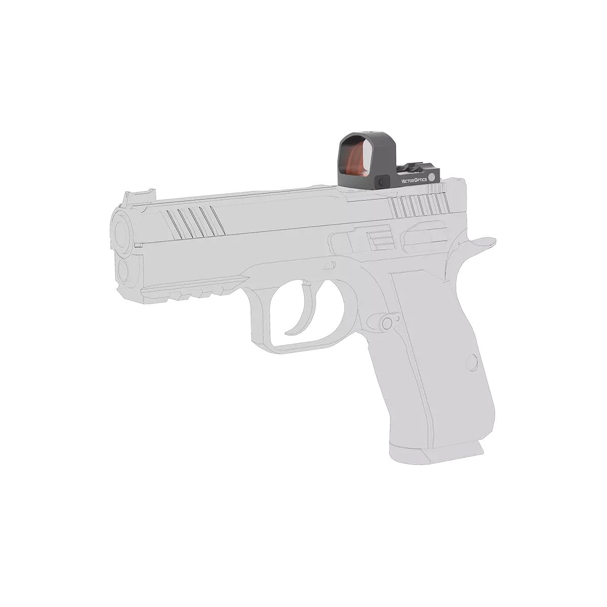 An illustration of a grey handgun, faded to emphasise the Vector Optics Frenzy-S FM 1x17x24 Multi-Reticle (MOS) Pistol Red Dot Sight with black and red accents mounted on top.