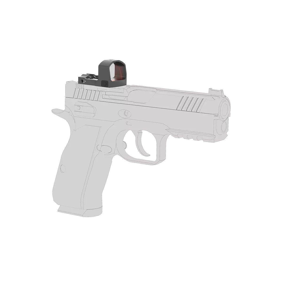 Illustration of a handgun with the Vector Optics Frenzy-S FM 1x17x24 Multi-Reticle (MOS) Pistol Red Dot Sight mounted on top, where the gun is mostly greyed out except for the coloured sight.